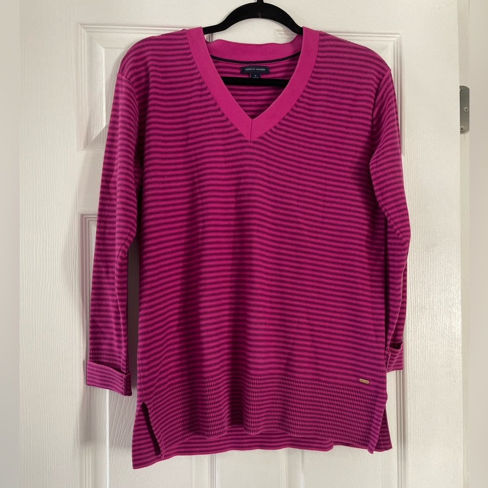 Tommy Hilfiger Magenta Striped V-Neck Sweater